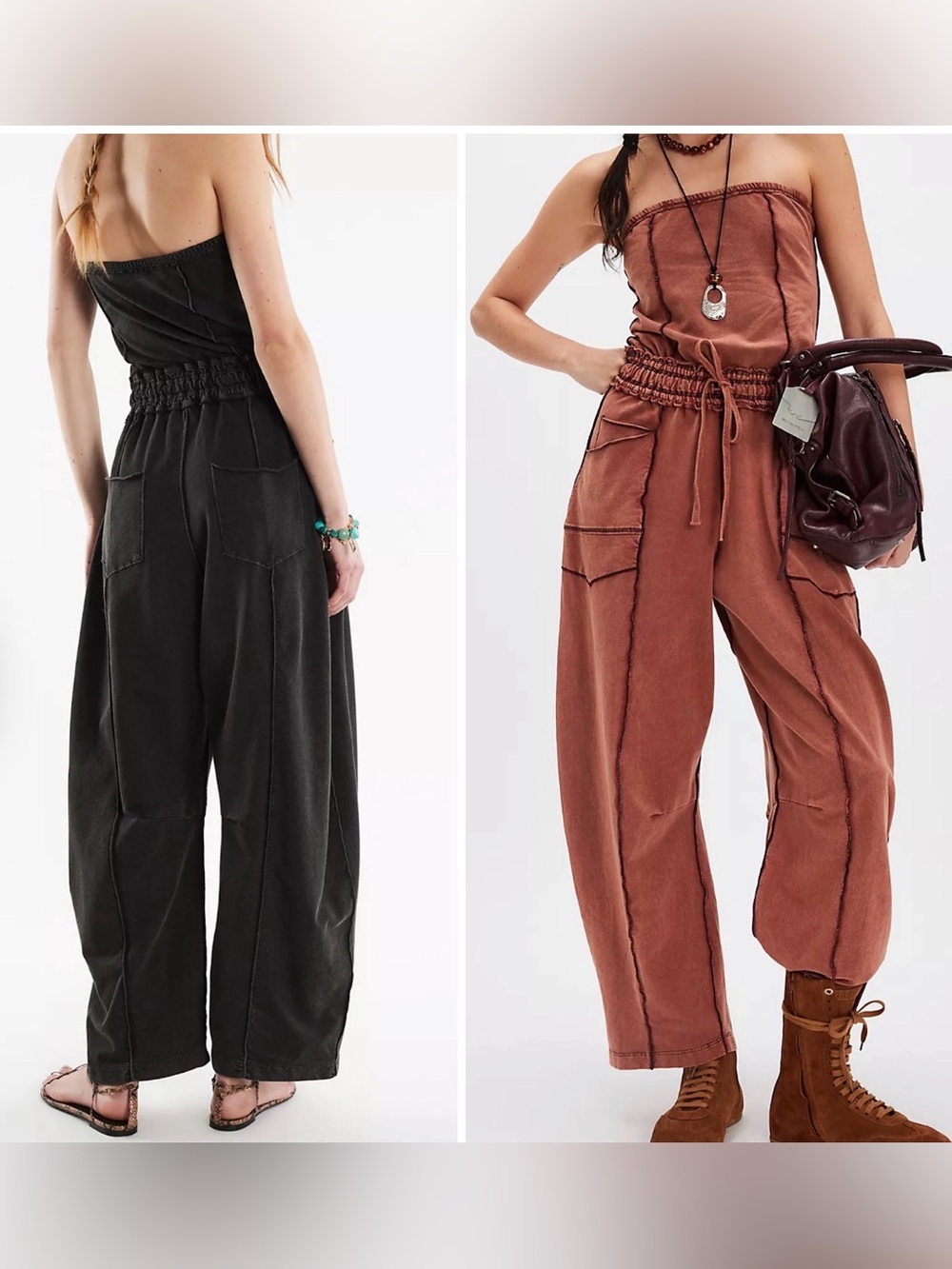 FP One Strapless Wide-Leg Boho Gray Comfy Jumpsuit with Drawstring Waist